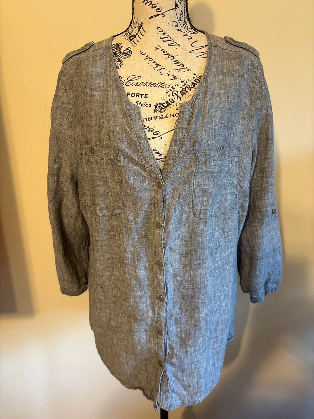 Gray Linen JM Collectibles Front Button Blouse Sz 14P